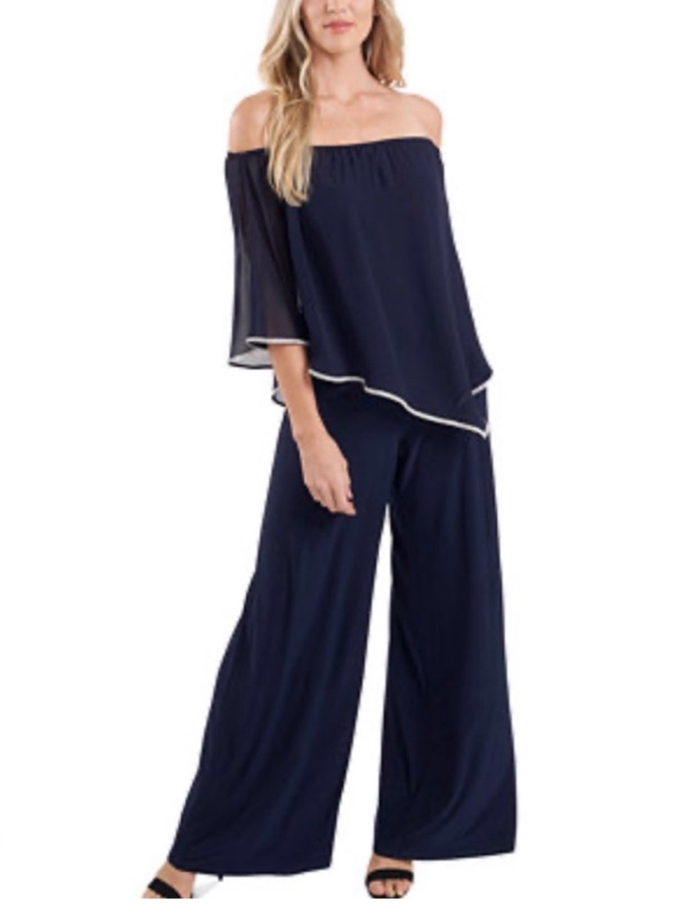 MSK Navy Off-Shoulder Wide-Leg Jumpsuit with Rhinestone Trim